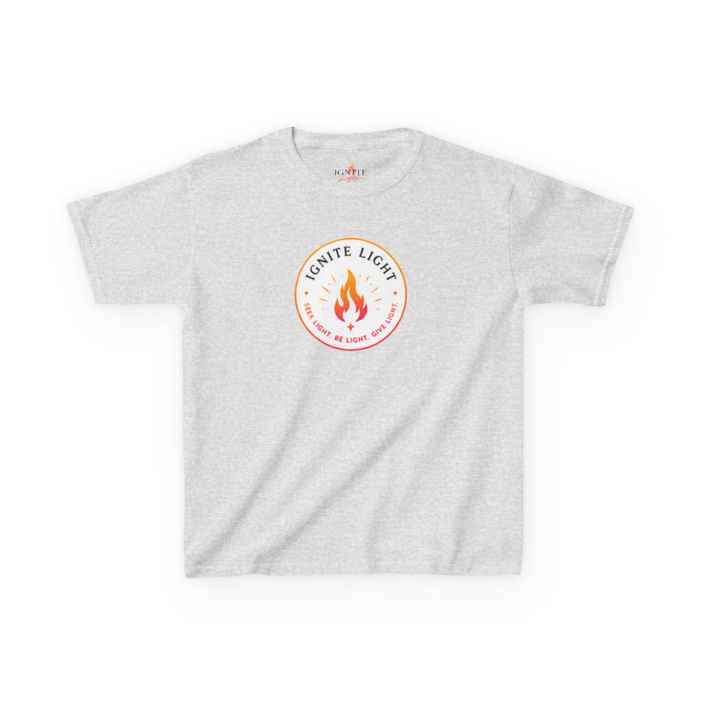 Kids T‑Shirt — "Ignite Light" Flame Graphic Tee | Stay Lit Back Design, Inspirational Youth Shirt