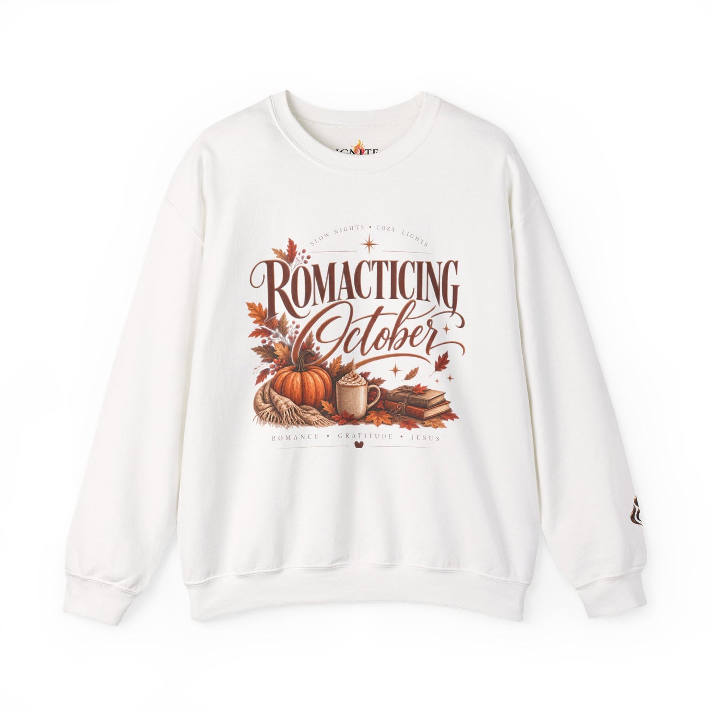 October Romance Sweatshirt — "Romanticizing October" Autumn Pumpkin Cozy Crewneck