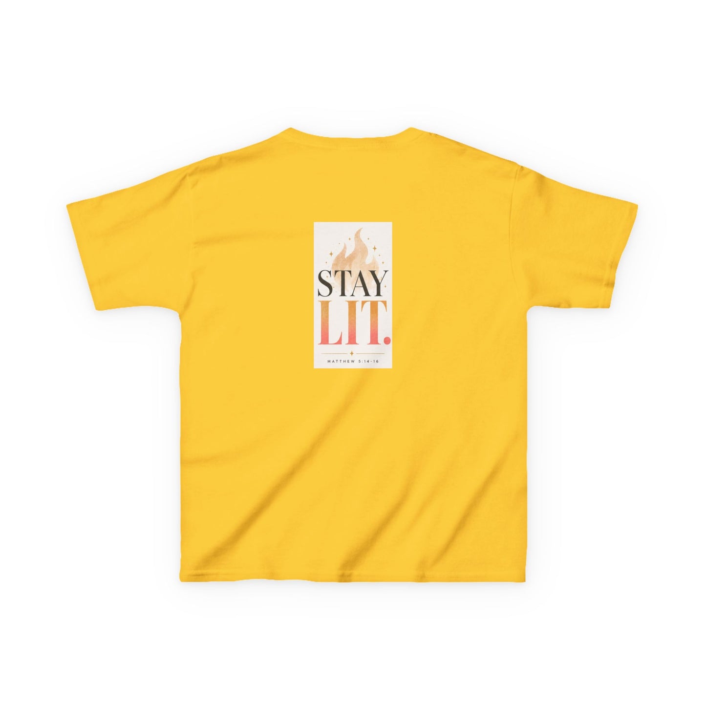 Kids T‑Shirt — "Ignite Light" Flame Graphic Tee | Stay Lit Back Design, Inspirational Youth Shirt