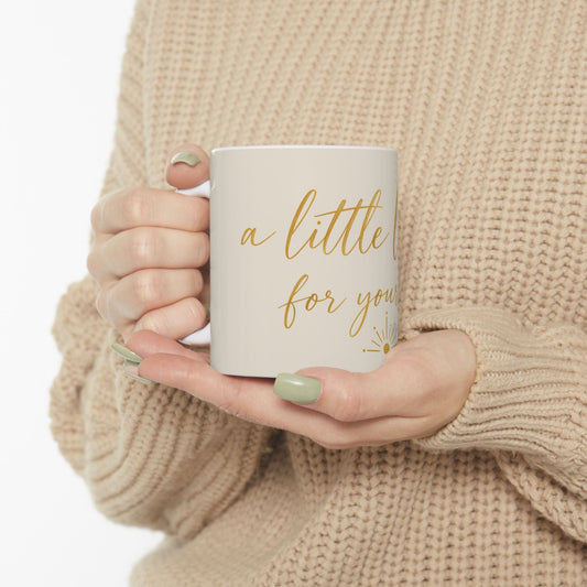 Inspirational Ceramic Mug — “A Little Light for Your Day” Gold Script Coffee Cup