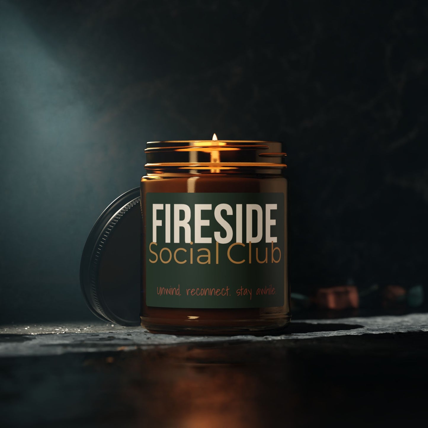 Fireside Social Club Scented Soy Candle — Amber Jar (Woodsmoke, Vetiver, Dry Citrus)