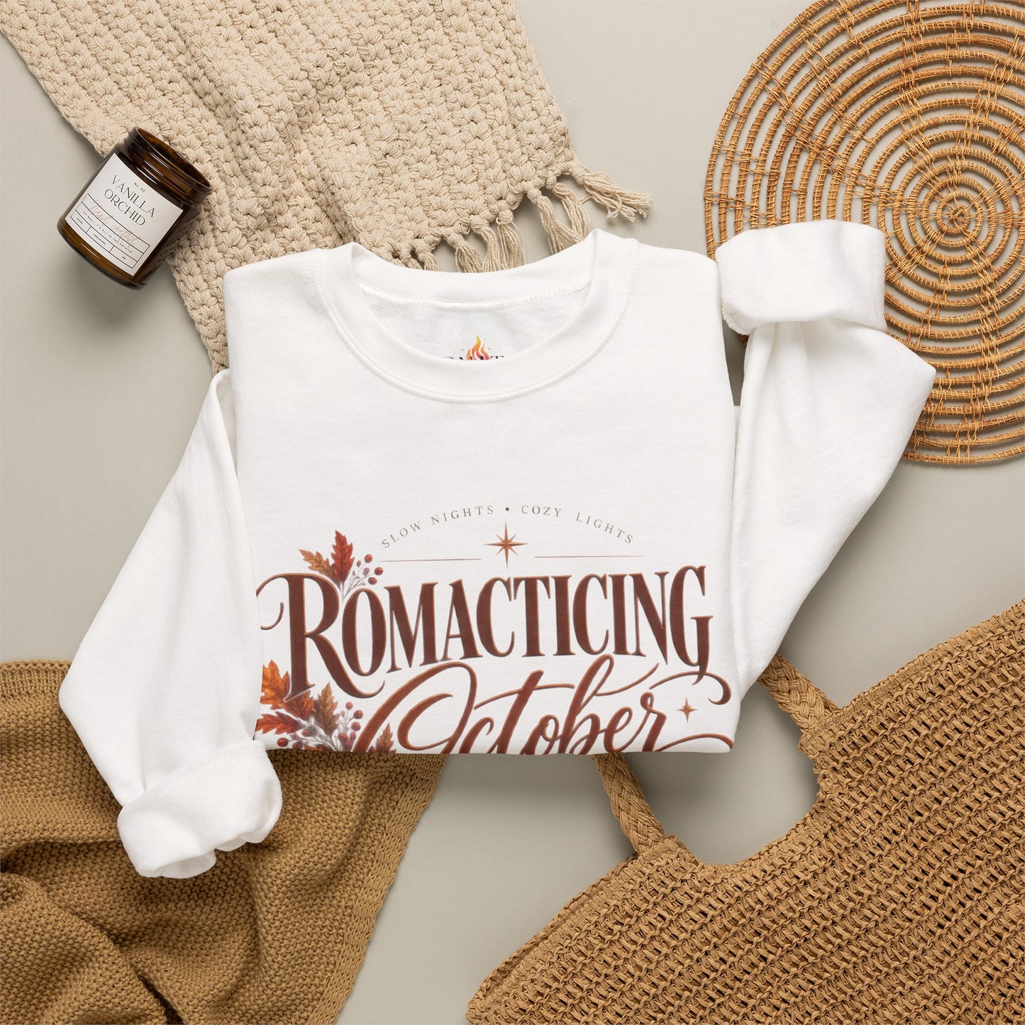 October Romance Sweatshirt — "Romanticizing October" Autumn Pumpkin Cozy Crewneck