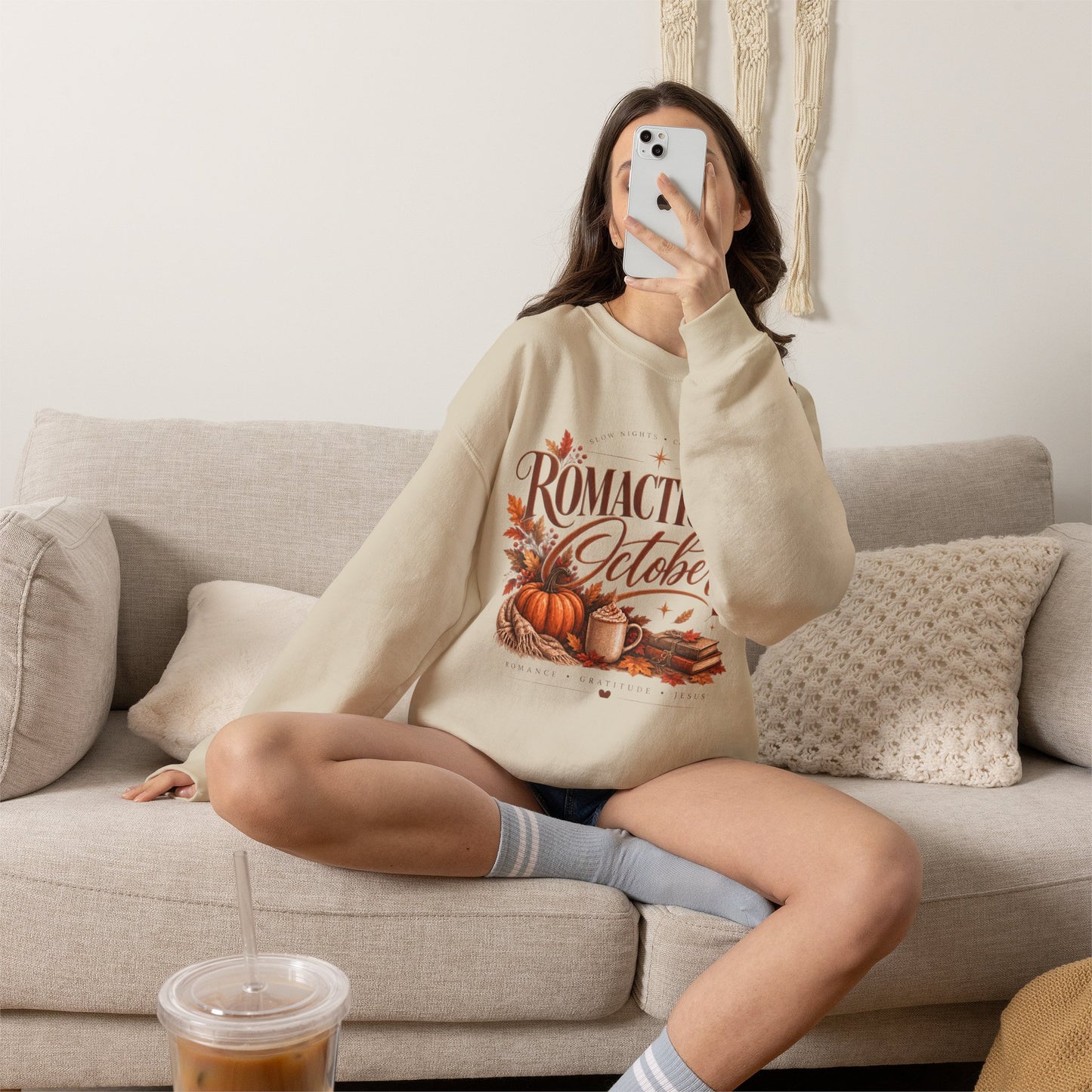 October Romance Sweatshirt — "Romanticizing October" Autumn Pumpkin Cozy Crewneck
