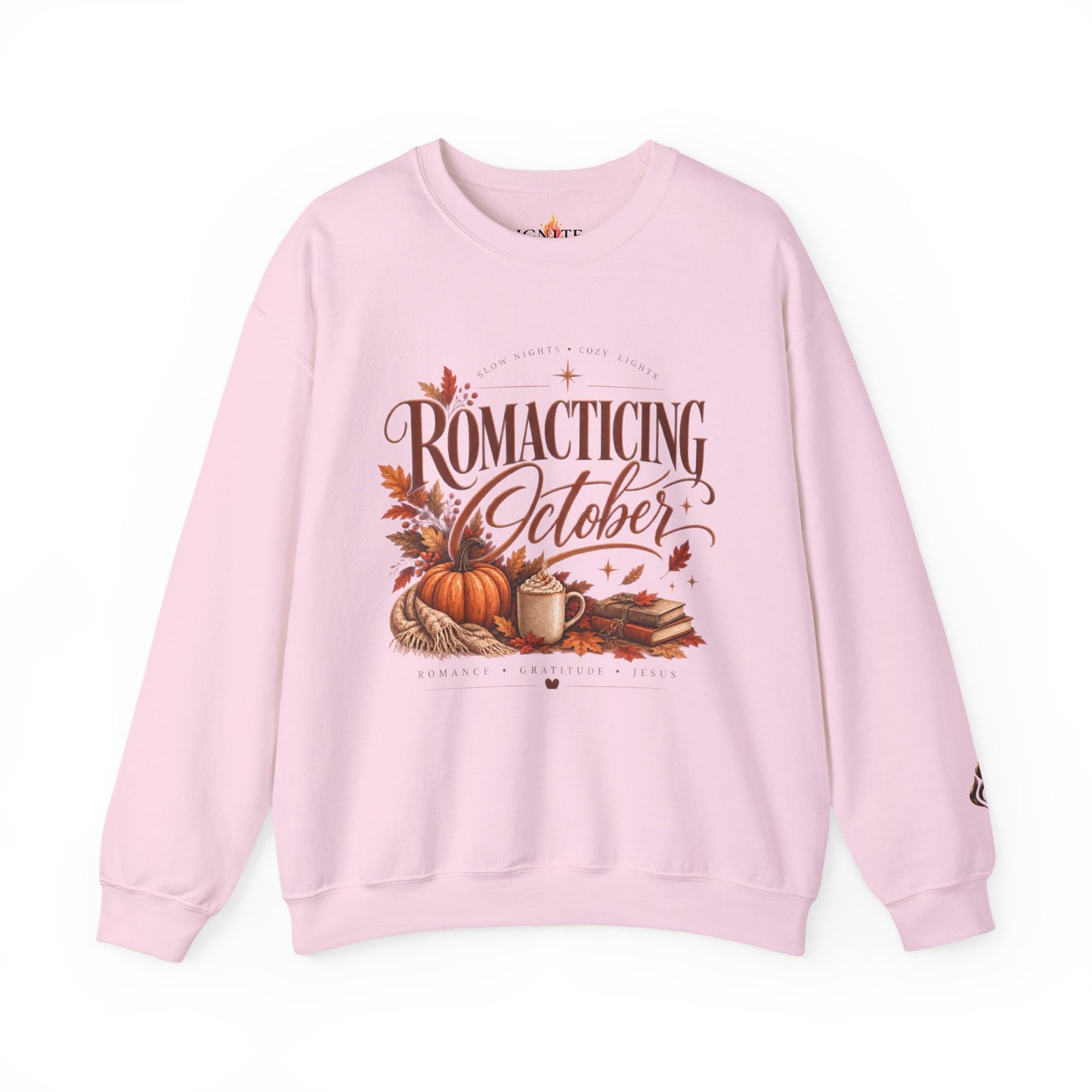 October Romance Sweatshirt — "Romanticizing October" Autumn Pumpkin Cozy Crewneck