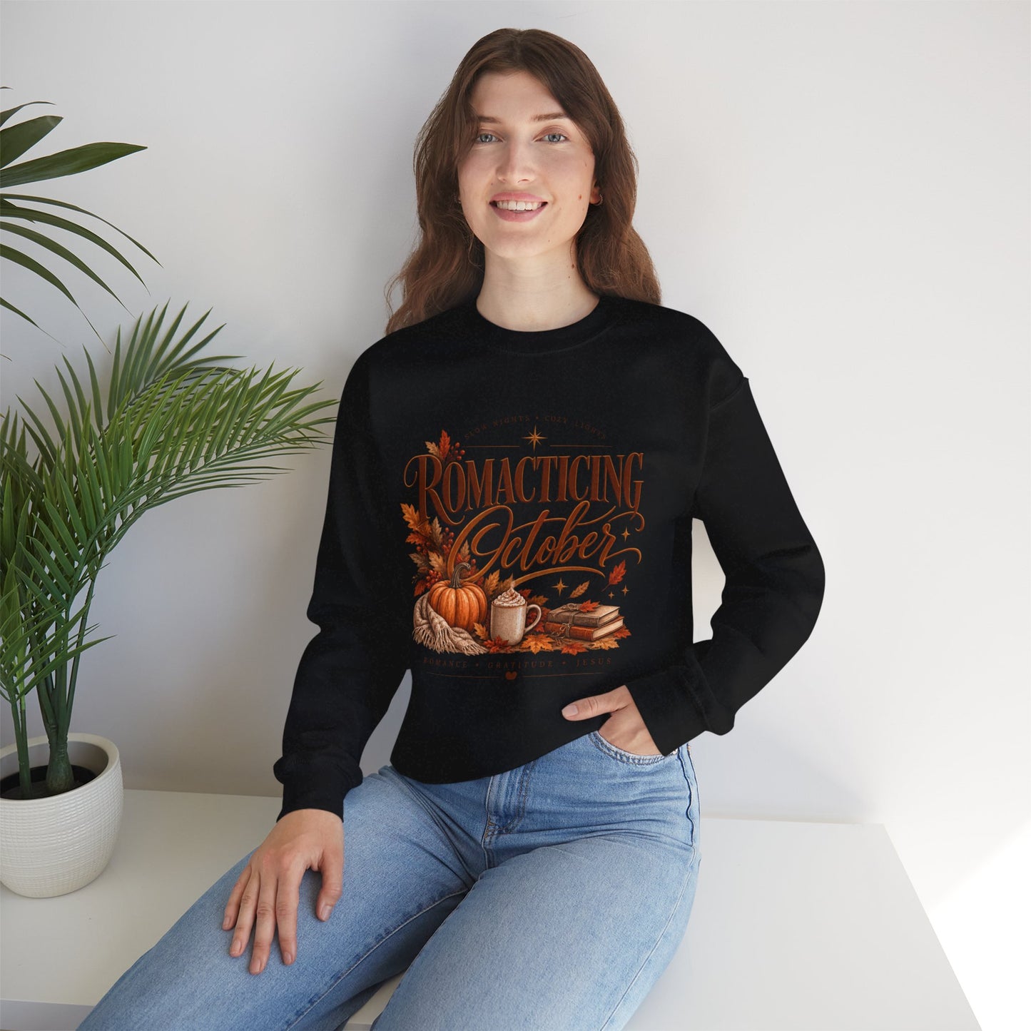 October Romance Sweatshirt — "Romanticizing October" Autumn Pumpkin Cozy Crewneck