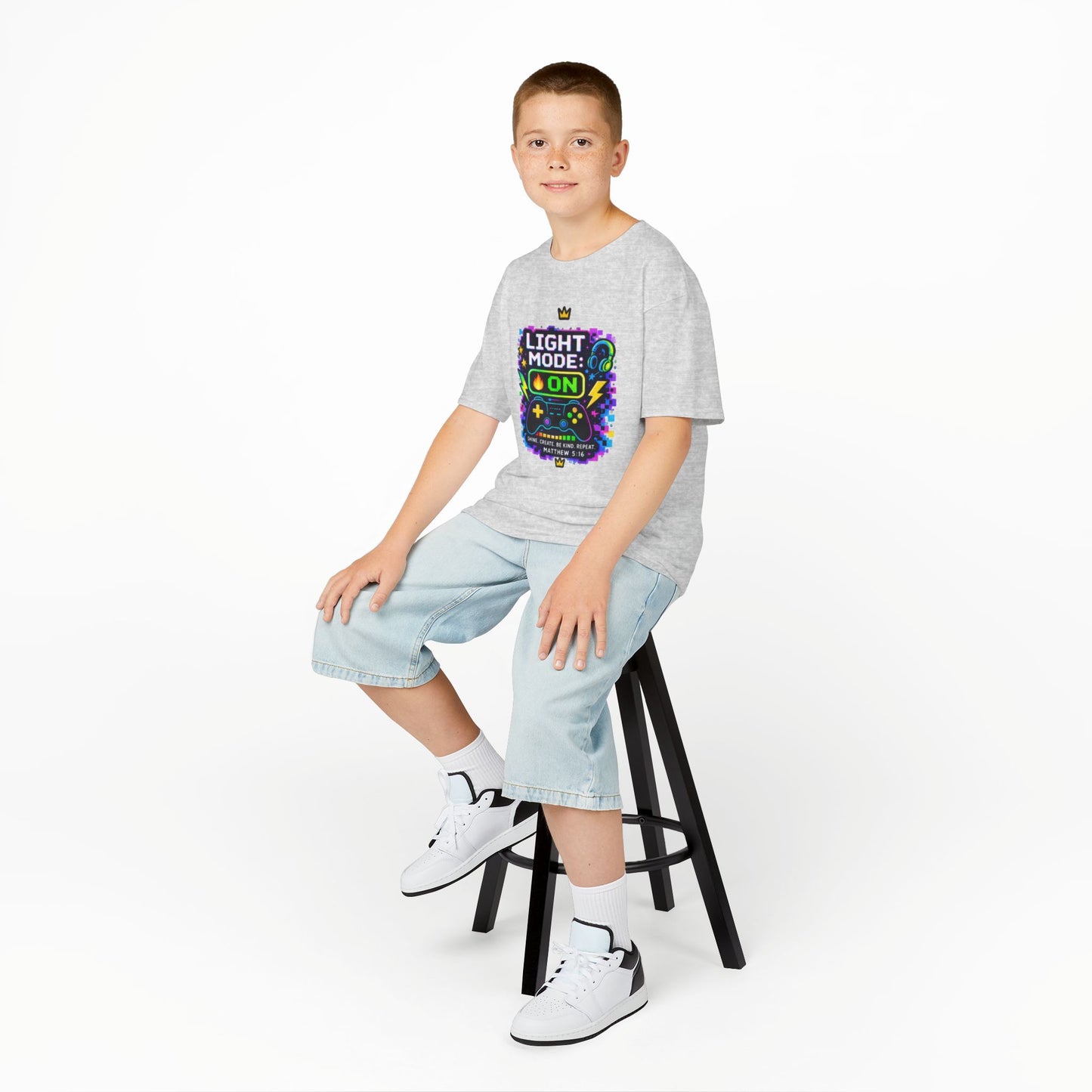 Kids Tee — 'Light Mode On' Neon Gamer Graphic Shirt