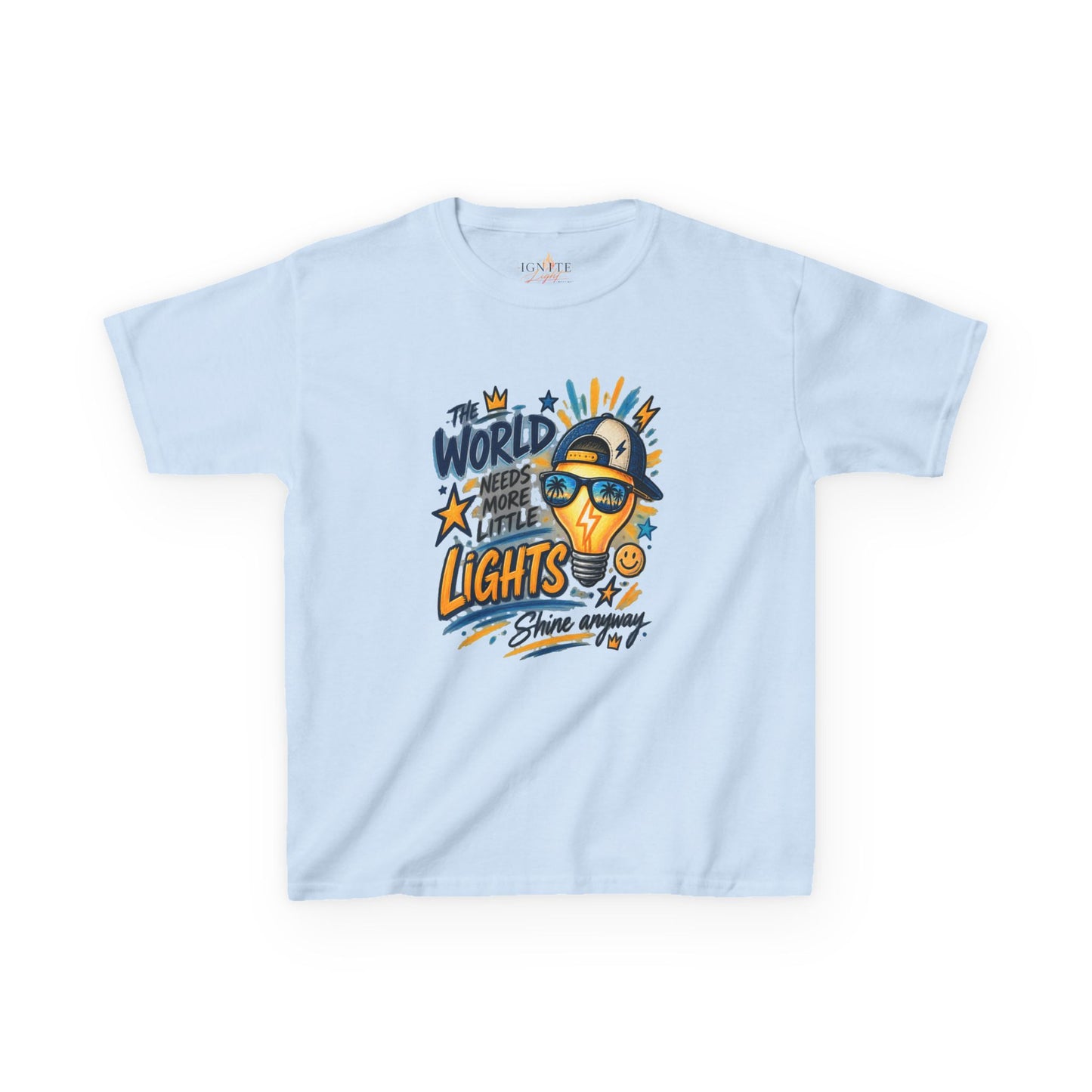 Kids T‑Shirt — "The World Needs More Little Lights" Cute Sunglasses Lightbulb Graphic