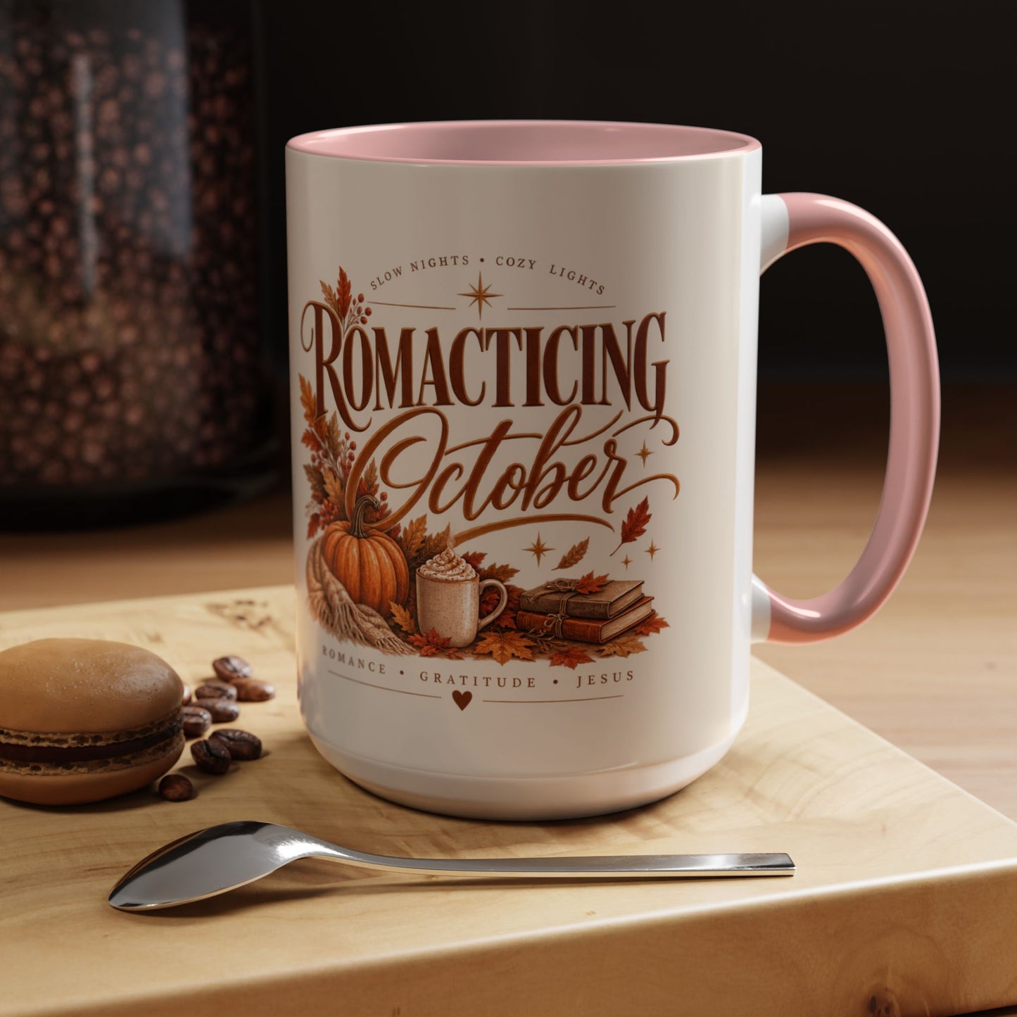 Romancing October Coffee Mug – Fall Pumpkin, Leaves & Cozy Autumn Vibes (11/15oz)