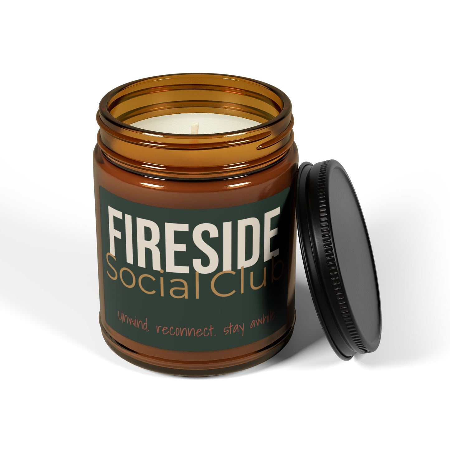 Fireside Social Club Scented Soy Candle — Amber Jar (Woodsmoke, Vetiver, Dry Citrus)