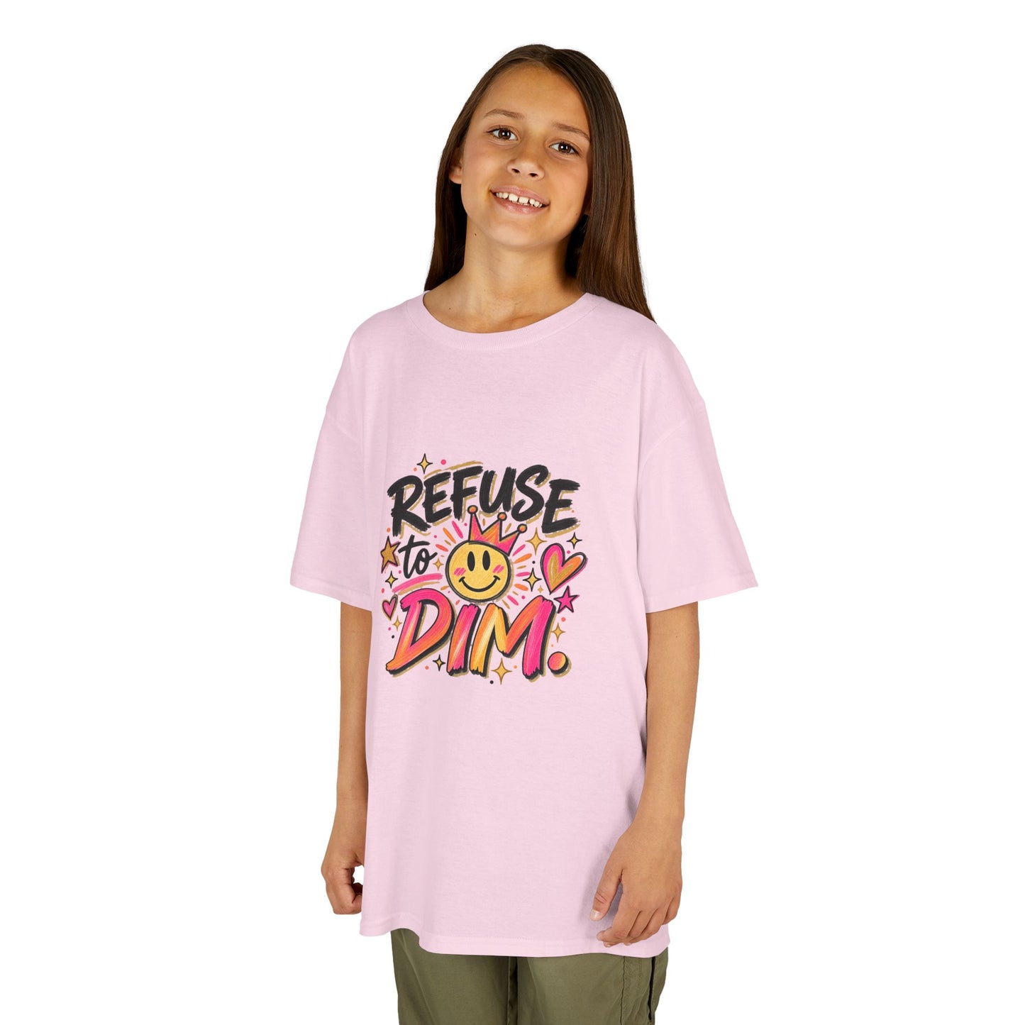 Kids T-Shirt — "Refuse to Dim" Smiley Graphic Tee, Positive Vibes Kids Shirt