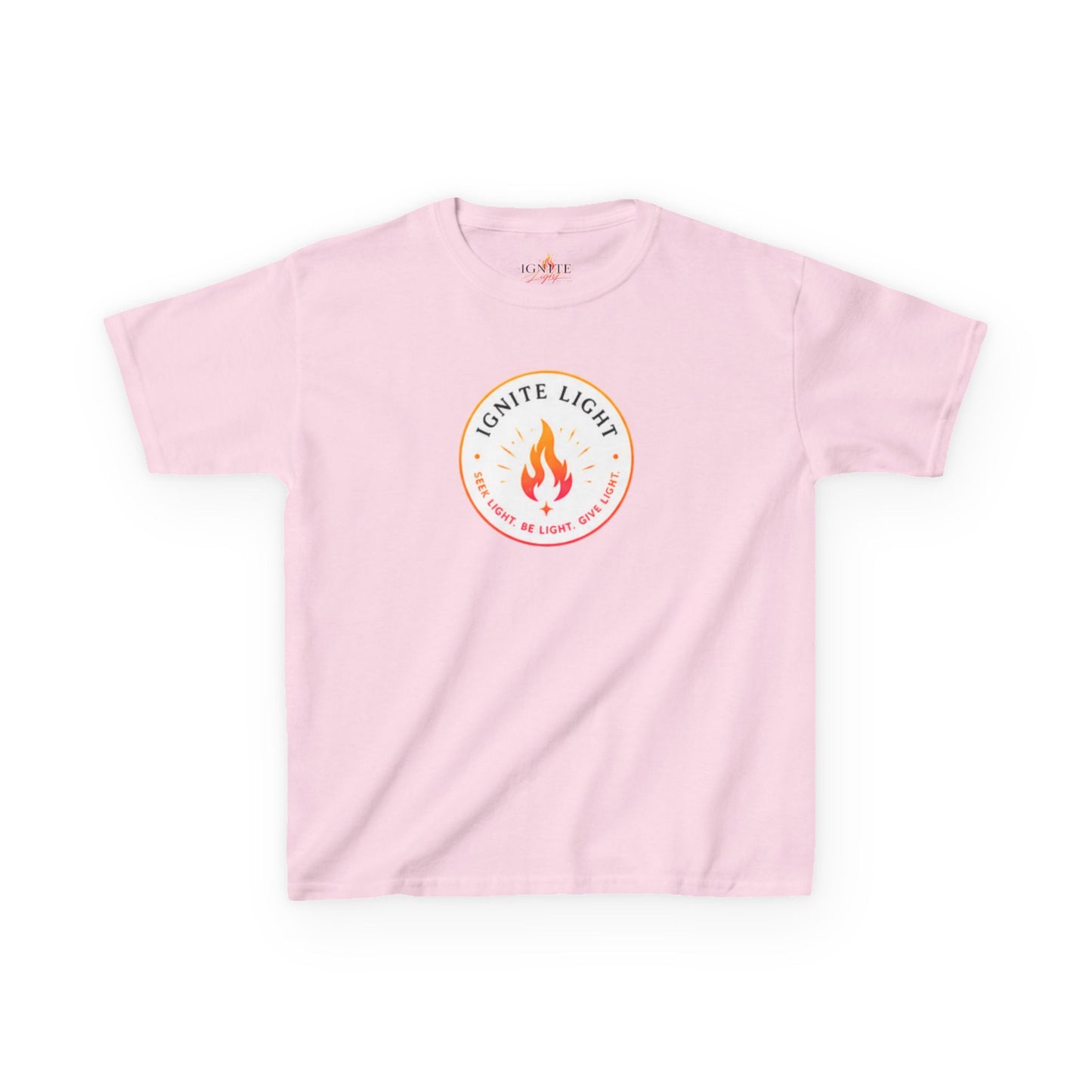 Kids T‑Shirt — "Ignite Light" Flame Graphic Tee | Stay Lit Back Design, Inspirational Youth Shirt