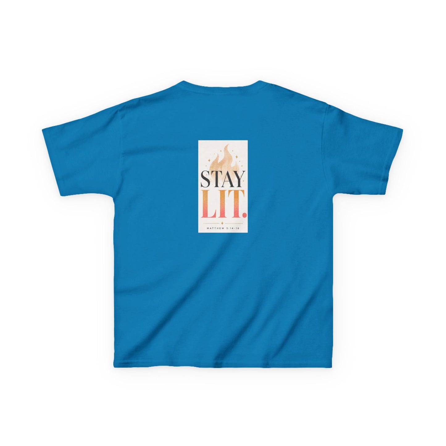 Kids T‑Shirt — "Ignite Light" Flame Graphic Tee | Stay Lit Back Design, Inspirational Youth Shirt