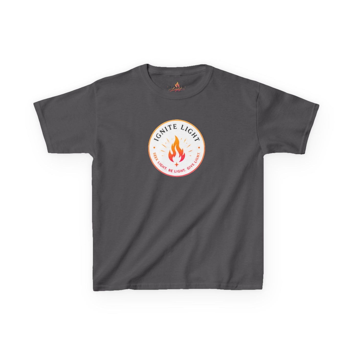 Kids T‑Shirt — "Ignite Light" Flame Graphic Tee | Stay Lit Back Design, Inspirational Youth Shirt
